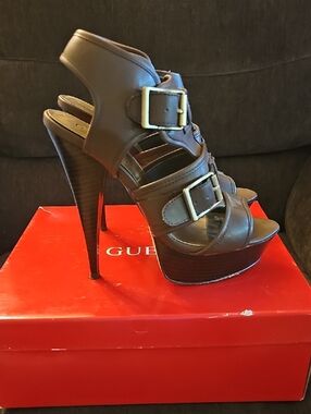 GUESS Brown Strappy Platform Stiletto Heels with Buckles